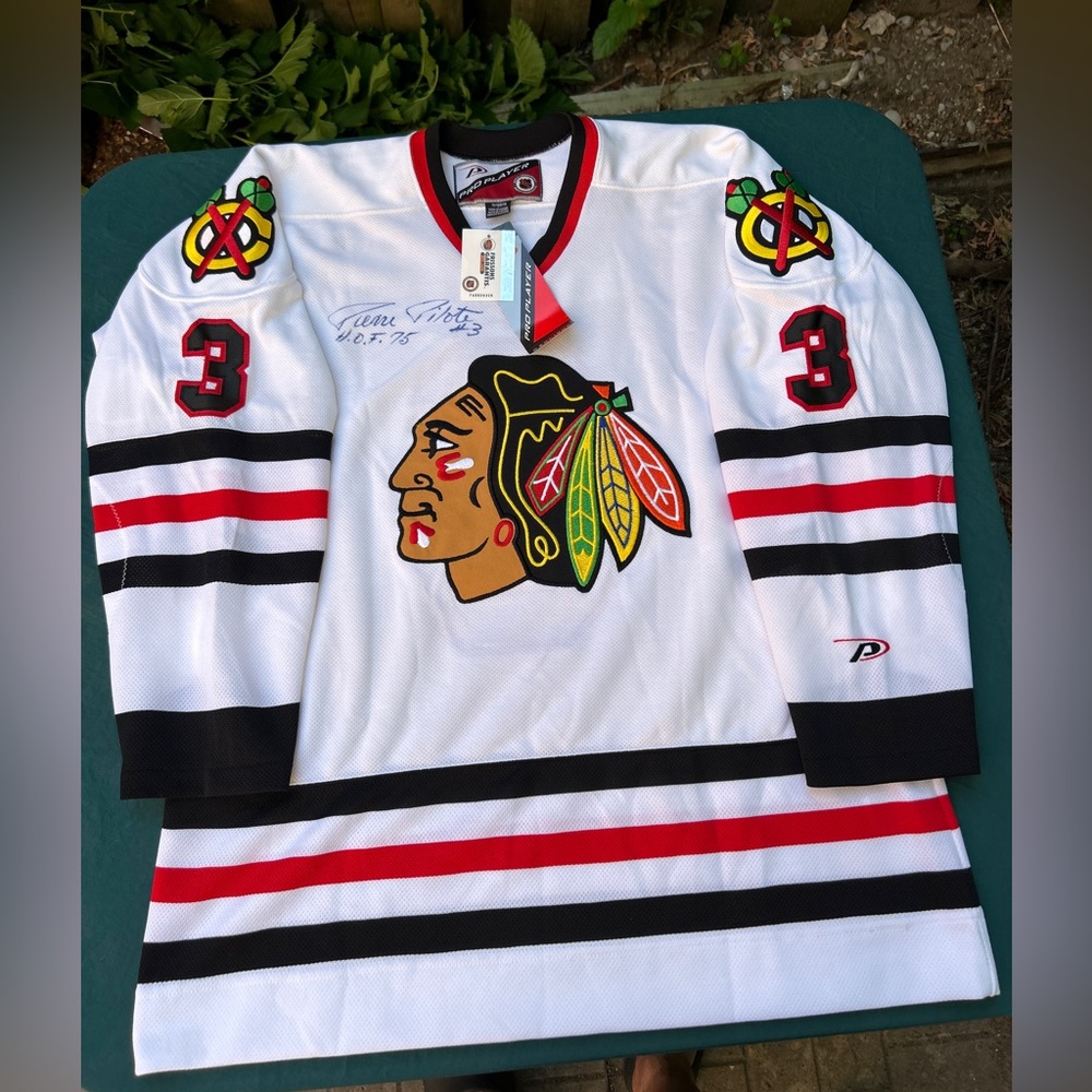 Signed Pierre Pilote # 3 HOF Chicago Blackhawks Pro Player NHL Jersey
Size XL
